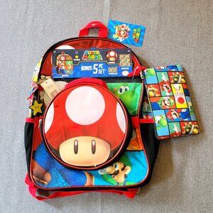 Super Mario 5 Piece Set Backpack Cinch Sack Lunch Bag Pencil Case Keychain NWT